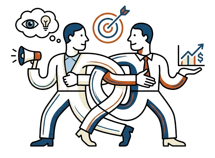 Two people untangle connected customer signals into a focused business outcome.