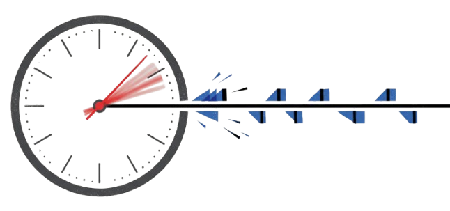 A runner carries a data packet between two large clocks.